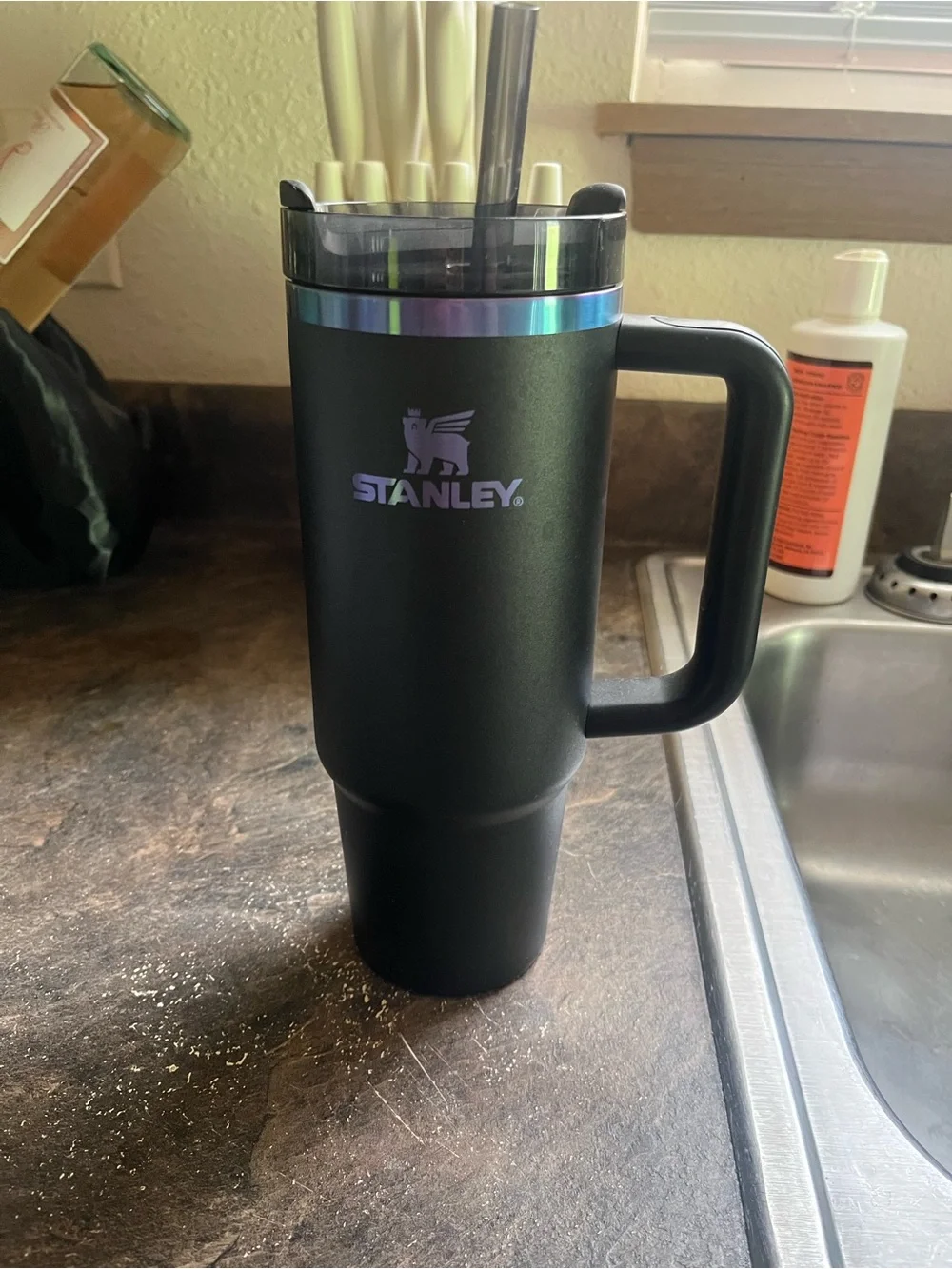 Stanley Black Travel Mug with Iridescent Blue-Purple Accent